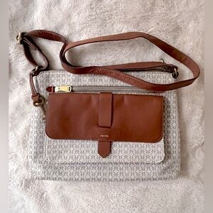 Fossil Kinley Jacquard Large Crossbody Bag Taupe Tan Leather